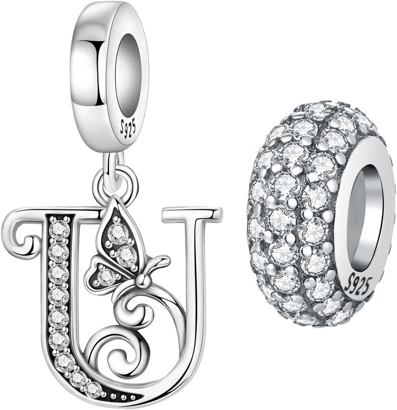PANPOKI Store 2 Pack 925 Sterling Silver Butterfly Letter Charms for Bracelets and Necklace Alphabet Initial Dangle Pendants Round Spacer Beads Pave Cubic Zirconia Jewelry Gift for Women - Image 1